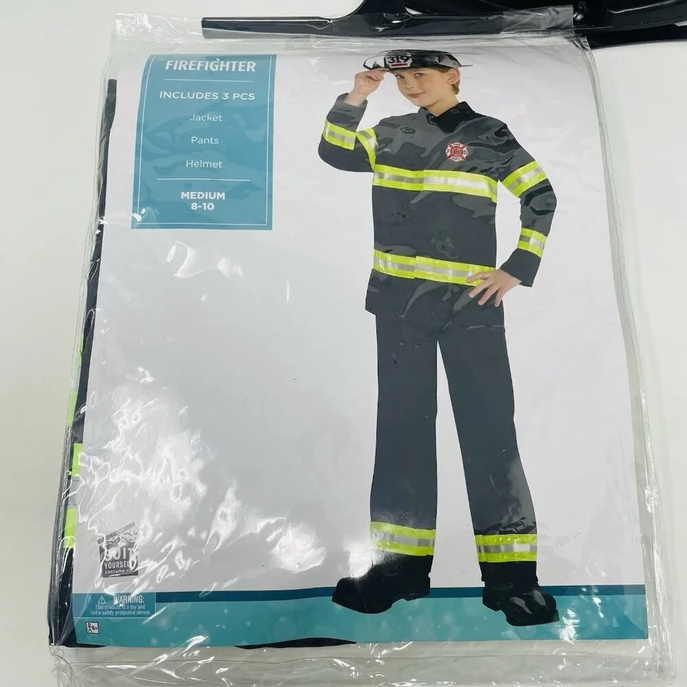 Firefighter Youth Boys Size Medium 8/10 Halloween Dress Up Costume in Black FLAW